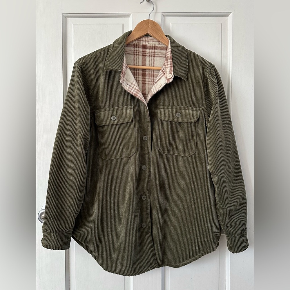 LOVE TREE Reversible Corduroy Plaid Flannel Shacket Overshirt Olive Cream Size M